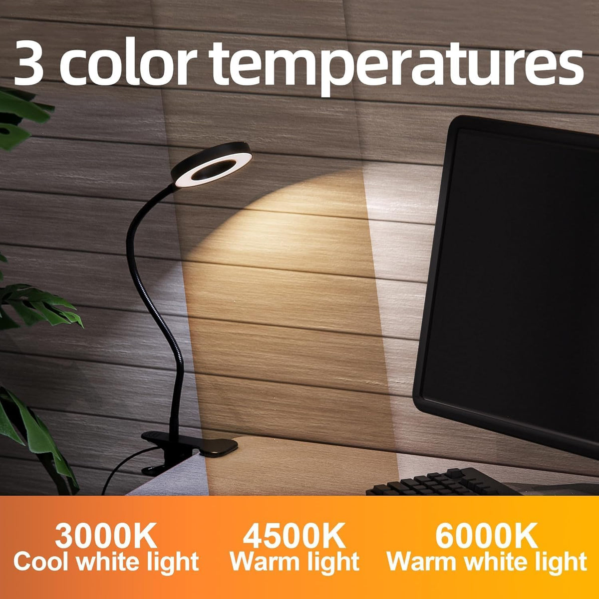 Foneso Desk Lamp Clip on Light, 48 LED USB Lamp with 3 Color Modes 10 Brightness Levels, 360° Flexible Gooseneck Eye Protection Bed Night Light for Reading, Makeup, Craft (Black)