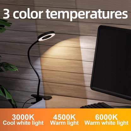Foneso Desk Lamp Clip on Light, 48 LED USB Lamp with 3 Color Modes 10 Brightness Levels, 360° Flexible Gooseneck Eye Protection Bed Night Light for Reading, Makeup, Craft (Black)