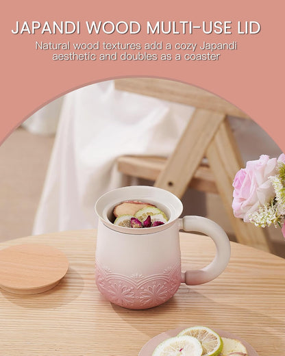 ZENS Tea Mug with Infuser and Lid for Loose Tea Diffusers, 12oz Purple | Embossed Ceramic Tea Cup with Infuser for Herbal Tea Steeper, Tea Lovers Gifts, Japandi Style Sunflower