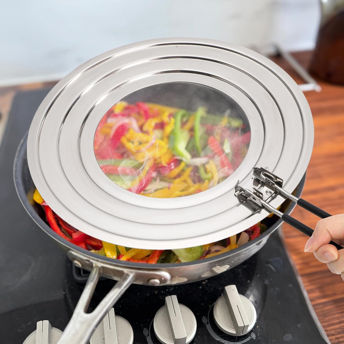Frcctre 2 Pack Stainless Steel Splatter Screen for Frying Pan, 12 Inch Grease Splatter Guard with Foldable Silicone Handle, Food Strainer Cooling Mat Cover Oil Splash from Bacon, Oil, or Deep Fryer