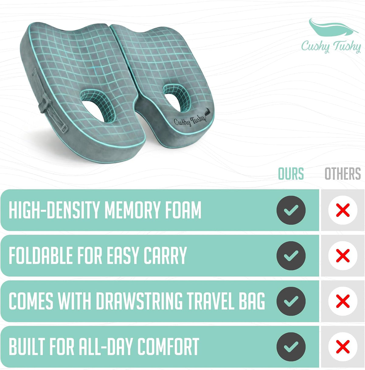 Cushy Tushy Premium Foldable Travel Seat Cushion - for Relief of Lower Back, Sciatic, Butt and Tailbone Pain - for Home & Office Use, Perfect for Travel or Driving - Coccyx Seat Cushion