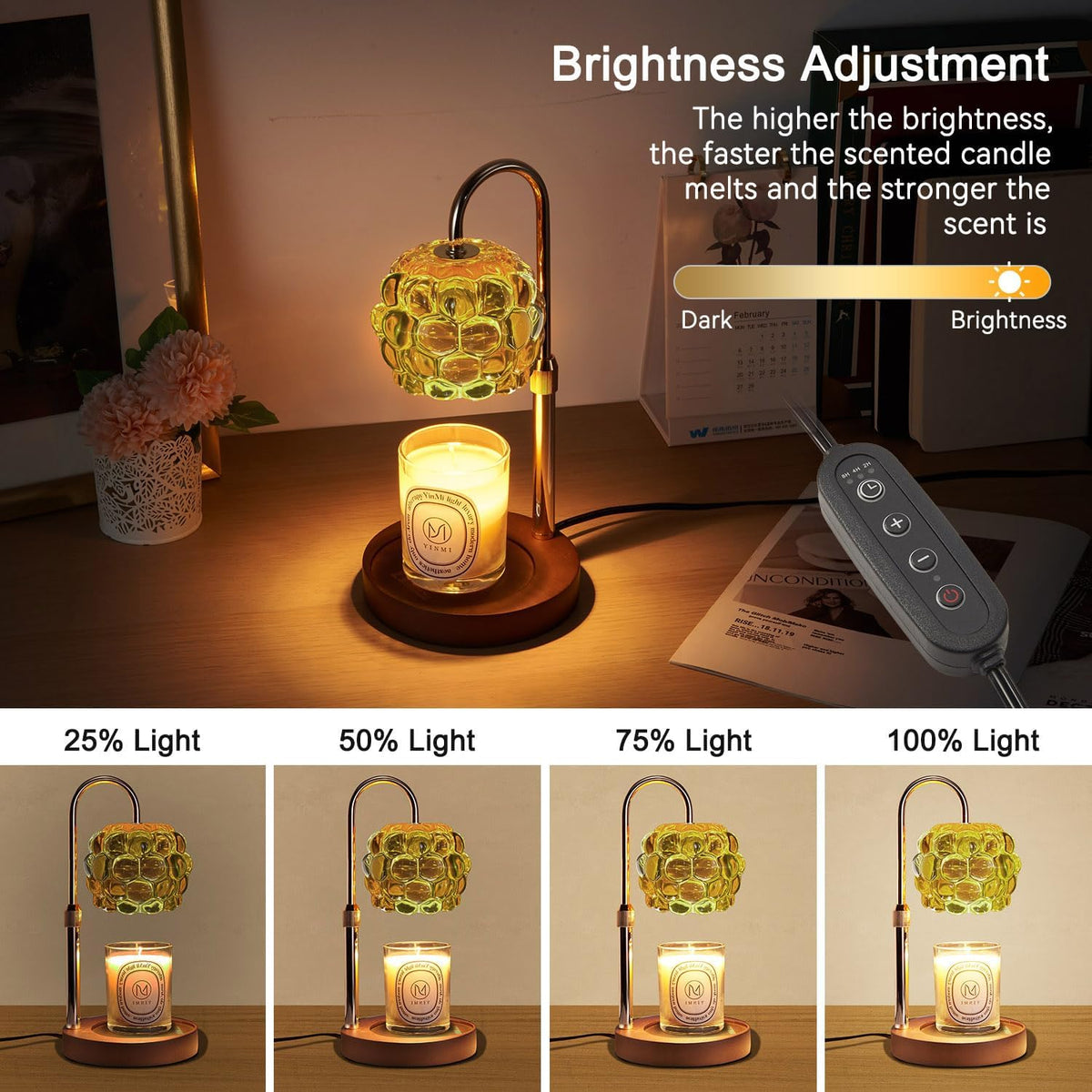 Candle Warmer Lamp with Timer Adjustable - Height Candle Warmer, Dimmer, Black Glass Wax Melting Lamps for Home Decor, for Candles in Jars with 2 Bulbs