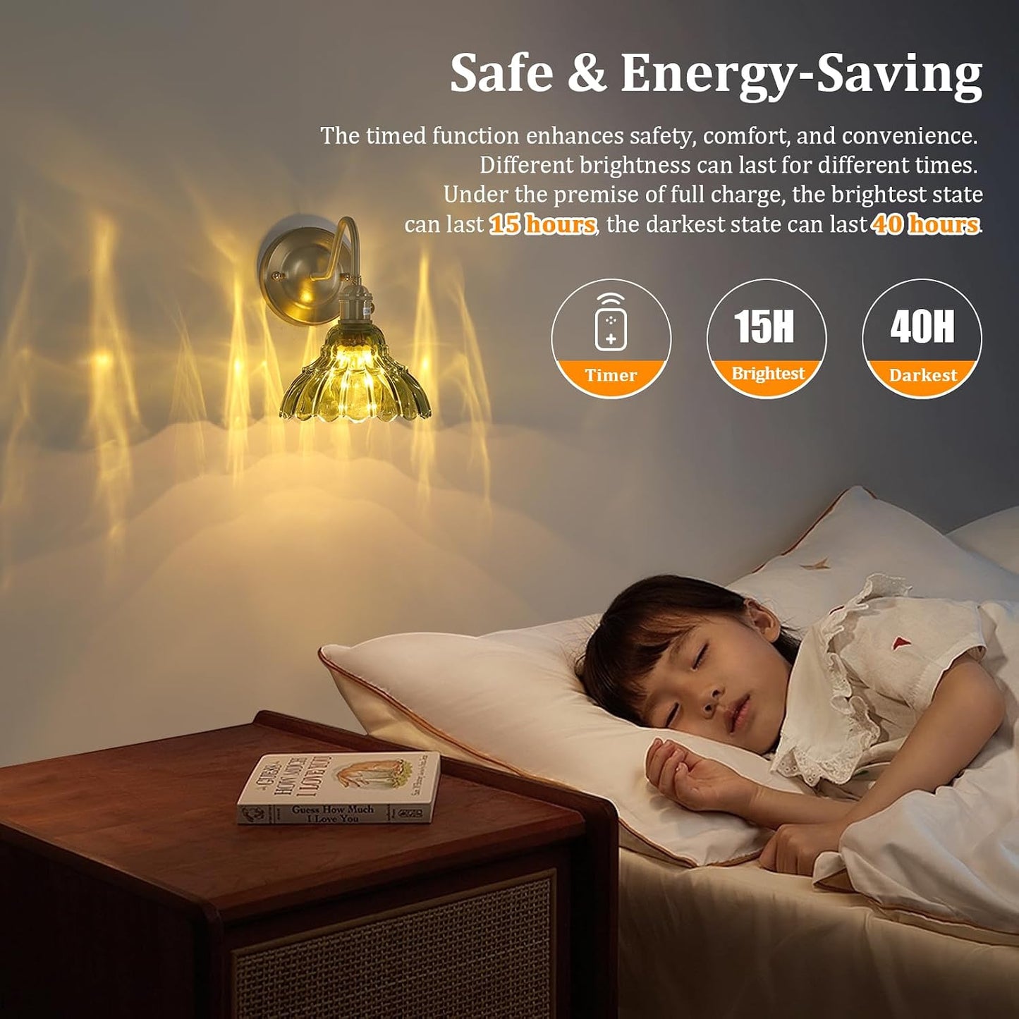 Shenmoyl Battery Operated Wall Sconce Wall Lamp with Green Lily of the Valley Shade Pattern Glass Adjustable Chain Retro Gold Wall Mounted Light, Modern Wall Lamp Fixtures Decor for Bedside Bedroom