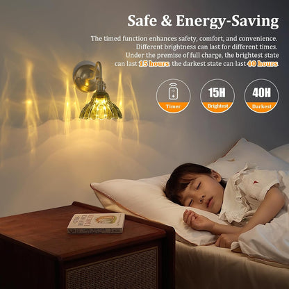 Shenmoyl Battery Operated Wall Sconce Wall Lamp with Green Lily of the Valley Shade Pattern Glass Adjustable Chain Retro Gold Wall Mounted Light, Modern Wall Lamp Fixtures Decor for Bedside Bedroom