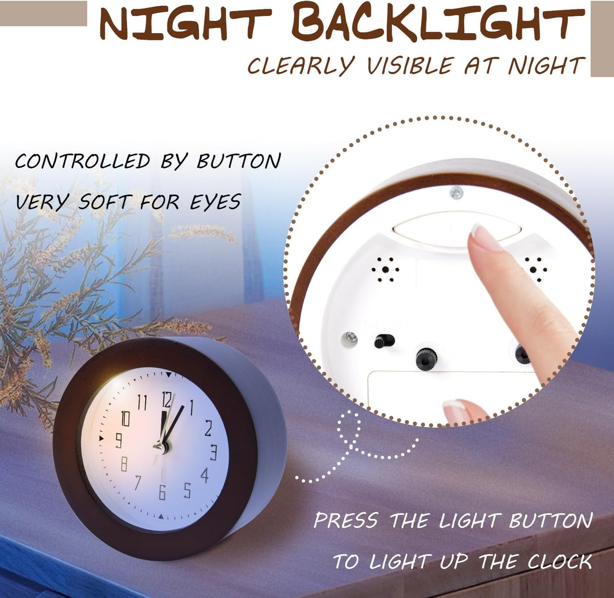 Wooden Analog Alarm Clock Silent Non-Ticking Desk Clock Battery Operated Table Clock with Nightlight for Bedroom,Children's Room, Living Room,Natural(4Inch)