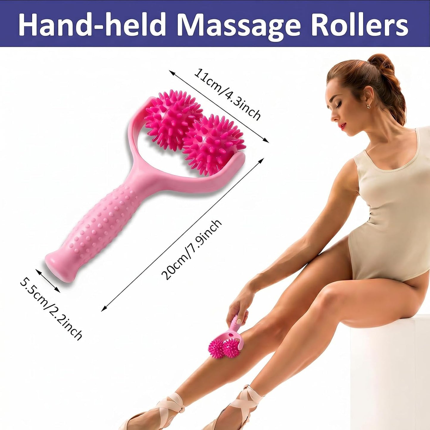 Handheld Spiky Massage Balls Rollers, 2 Wheel Spiky Massage Ball Rollers Silicone Manual Massage Roller with Handle Pressure Point Muscle Massage Tool for Foot Arm Body Neck Leg Pain Pressure Relief