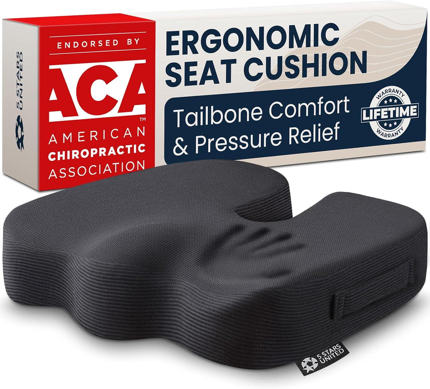 5 STARS UNITED Seat Cushion - Memory Foam Chair Cushion for Tailbone Pain Relief - Ergonomic Support for Coccyx, Sciatica & Butt - Office, Desk & Gaming Chair, Car Seat, Wheelchair, Airplane, Black