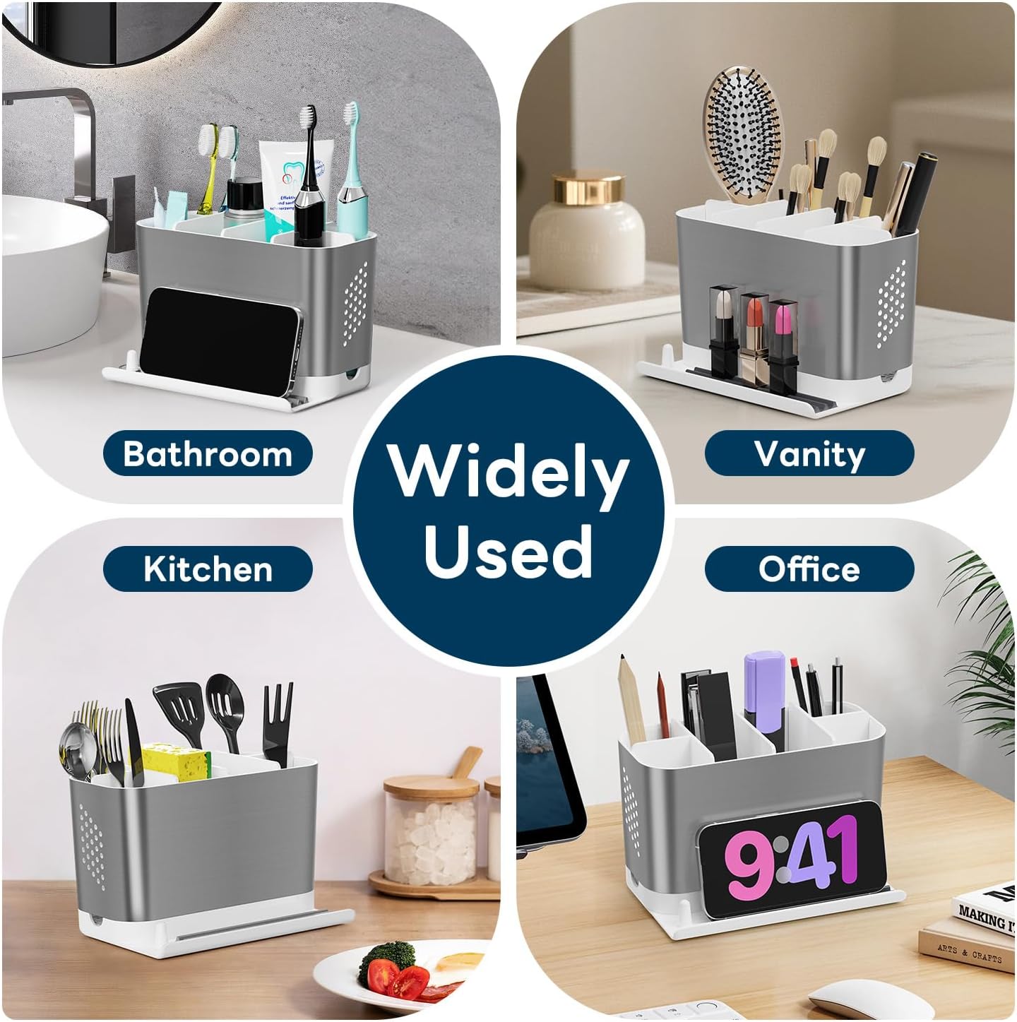 Bathroom Organizers and Storage 6 Slots Wood Grain Electric Toothbrush Holders with Phone Holder and Adjustable Dividers, Cord-Friendly Toothbrush Organizer with Drainage for Family, Kids