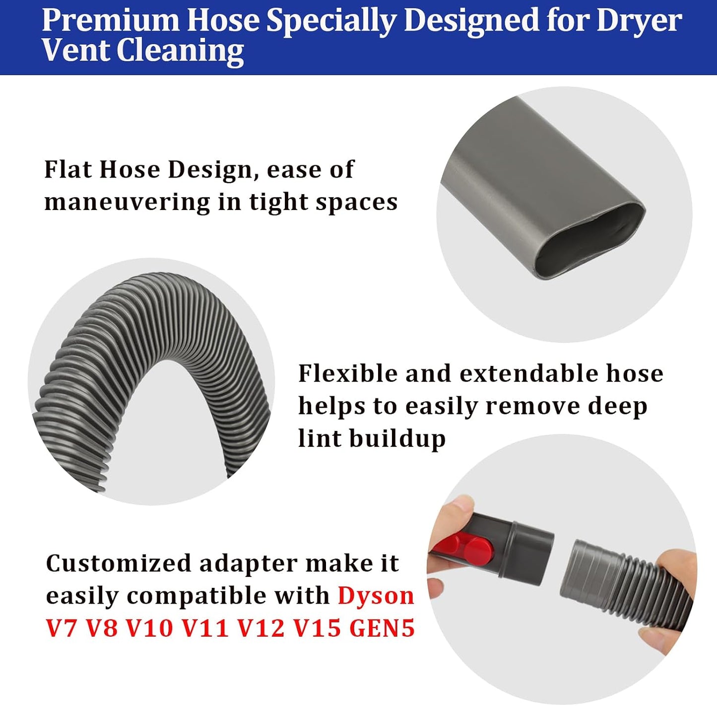 Dryer Vent Lint Vacuum Atttachments and Crevice Tool for Dyson | Gen 5 V15 V15s V12 V11 V10 V9 V8 V7 Detect Outsize Slim Absolute Cyclone Vacuum Dryer Lint Flexible Remove Tool Cleaner Kit