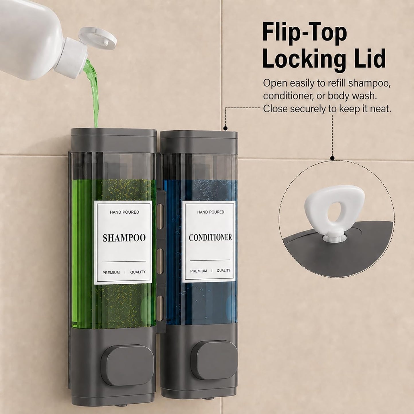 Shampoo and Conditioner Dispenser – Wall-Mounted Shower Soap Dispenser, No-Drill Installation, Lockable, 900 ml Capacity,for Bathroom & Hotel or Airbnb (Black, 3-Pack)