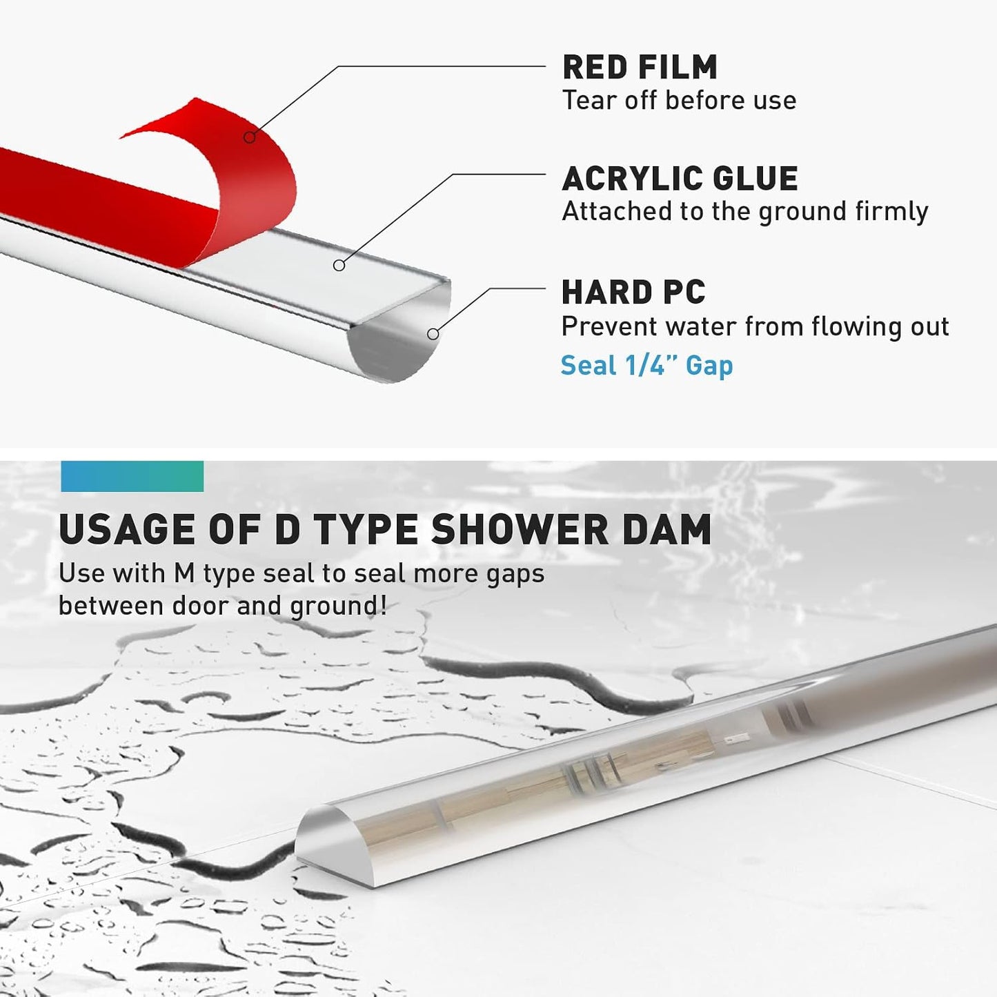 Shower Door Bottom Seal,2 PCS 3/8" x 36" | Shower Door Sweep for 3/8 Inch Glass, Frameless Glass Shower Door Seal Strip, Stop Shower Leaks and Create a Water Barrier