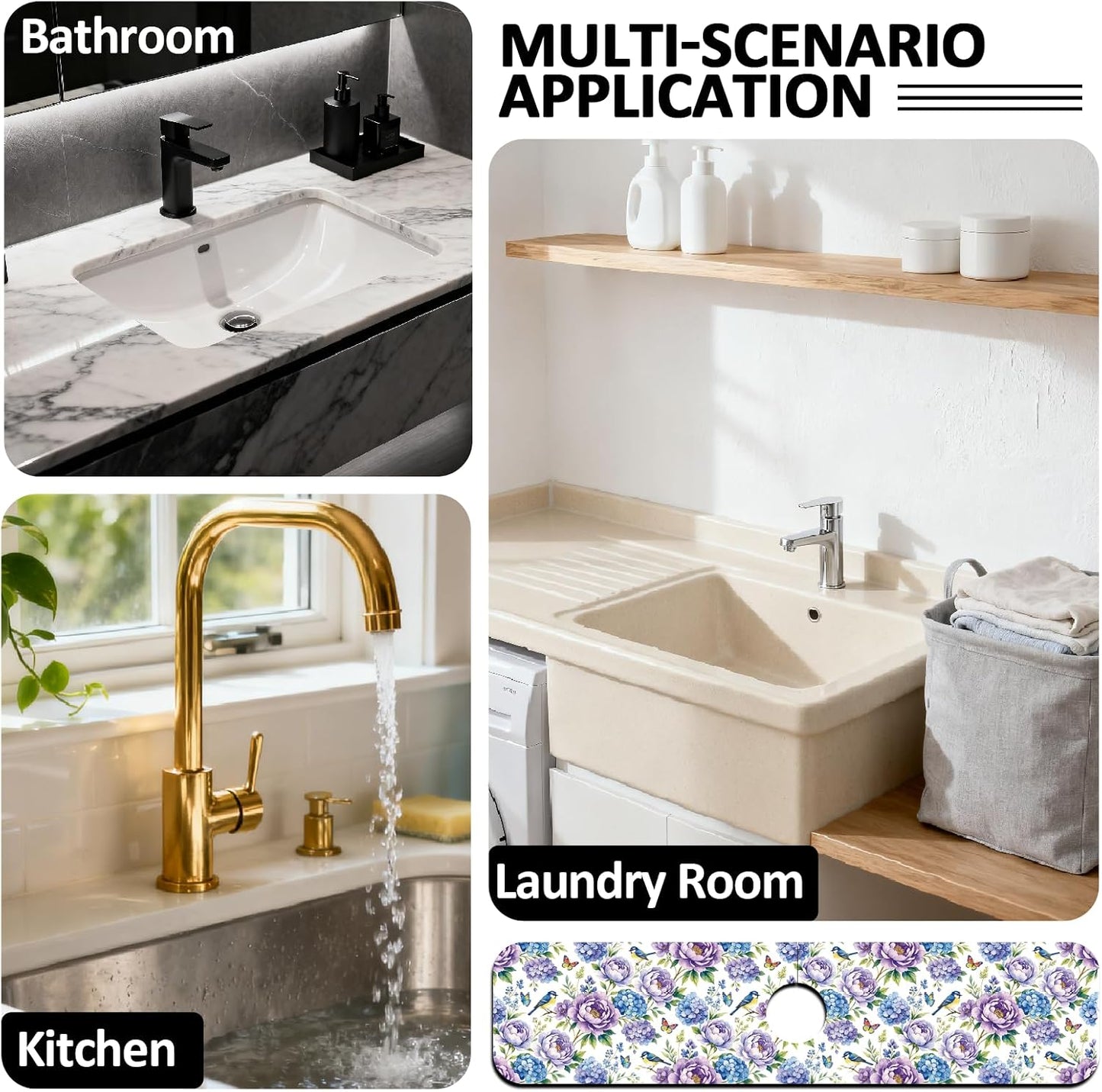2Pcs Peonies Kitchen Sink Splash Guard Faucet Mat Vintage Florals Faucet Mat For Bathroom Kitchen 5.5x23.6In