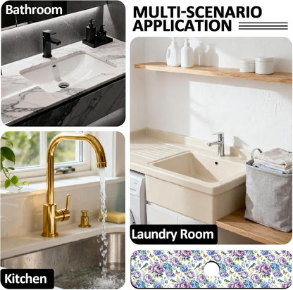 2Pcs Peonies Kitchen Sink Splash Guard Faucet Mat Vintage Florals Faucet Mat For Bathroom Kitchen 5.5x23.6In