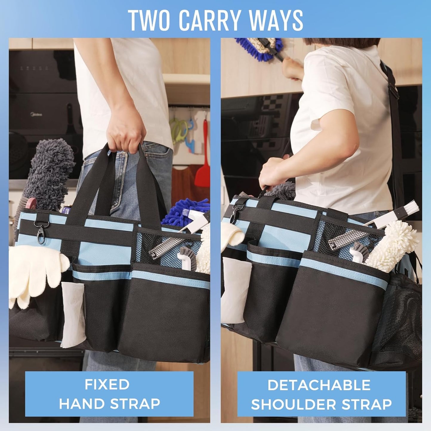 SCAVATA Wearable Cleaning Caddy, Cleaning Caddy Supplies Organizer with Handle & Shoulder Straps for Housekeepers, Under Sink & Car Cleaning Tool Organizers Bag with 4 Foldable Divider (NavyBlue)