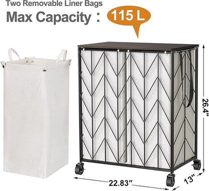 WOWLIVE Laundry Hamper 3 Section with Lid, 142L Laundry Basket with Wheels | Rolling Dirty Clothes Hamper with Removable Bags, Large Iron-Made Laundry Basket Organizer Laundry Sorter for Dorm, Beige
