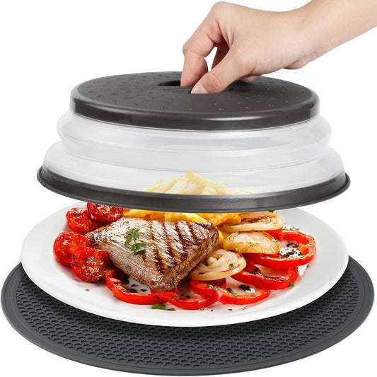 Microwave Splatter Cover & Silicone Mat, 10inch | Black, Collapsible, Vented, Reusable Food Guard & Plate Cover, Heat-Resistant Trivet for Pots, Pans, & Kitchen Counter