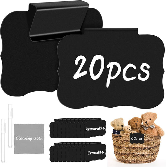 23PCS Basket Labels Clip On, 20 Removable Labels for Storage Bins | Kitchen Pantry Label, Plastic Storage Bin Label With 2 Chalk Markers & 1 Wipe, Label Holder, Basket Tags, Bin Clips (Black)