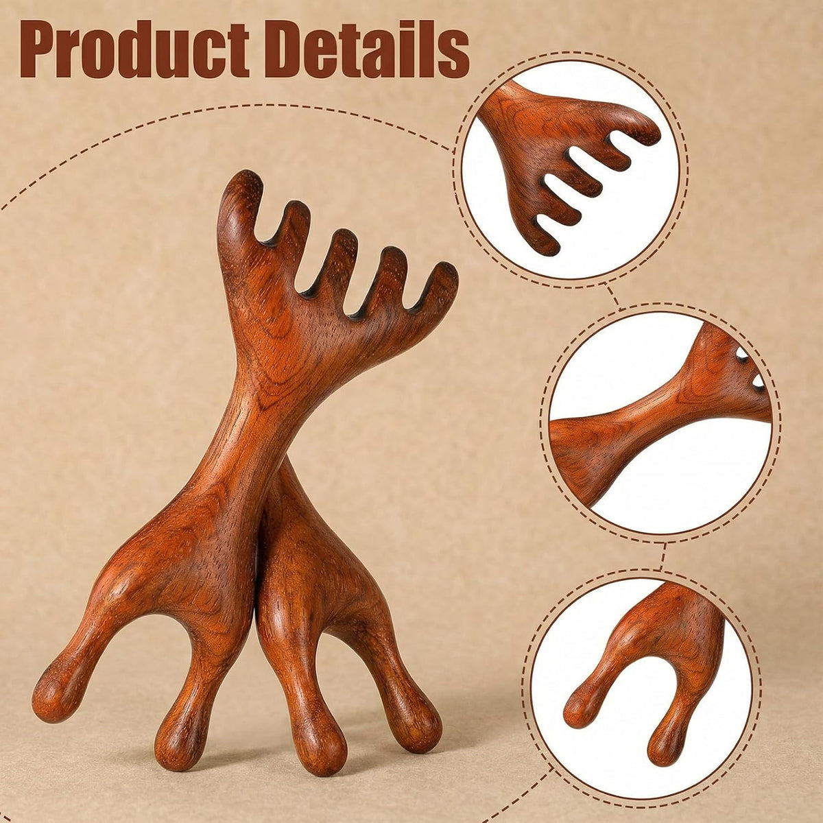 Wooden Scalp Massager 2 Pcs 5-Claw Natural Sandalwood Massage Comb Manual Head Scratcher Guas Sha Tools for Head Face Eye Nose Jaw and Neck