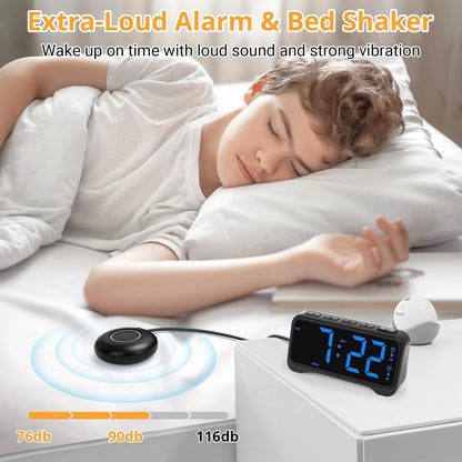Loud Alarm Clock for Heavy Sleepers Adults, Vibrating Alarm Clock for Teens/Deaf, 7.5" Bright Clear Digital Screen, Adjustable Brightness with Night Light, 3 Levels Bed Shaker Under Pillow, Dual Alarm