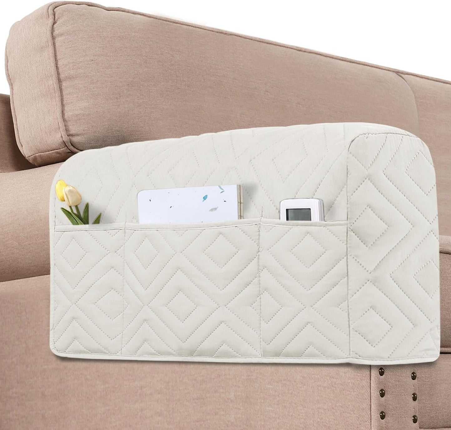 H.VERSAILTEX Water Resistant Armrest Covers for Sofa, 2 Pack, Ivory/Beige | Waterproof Armchair Caddy, Couch Arm Covers Remote Control Holder Sofa Armrest Organizer for Magazine, Tablet, Phone, iPad