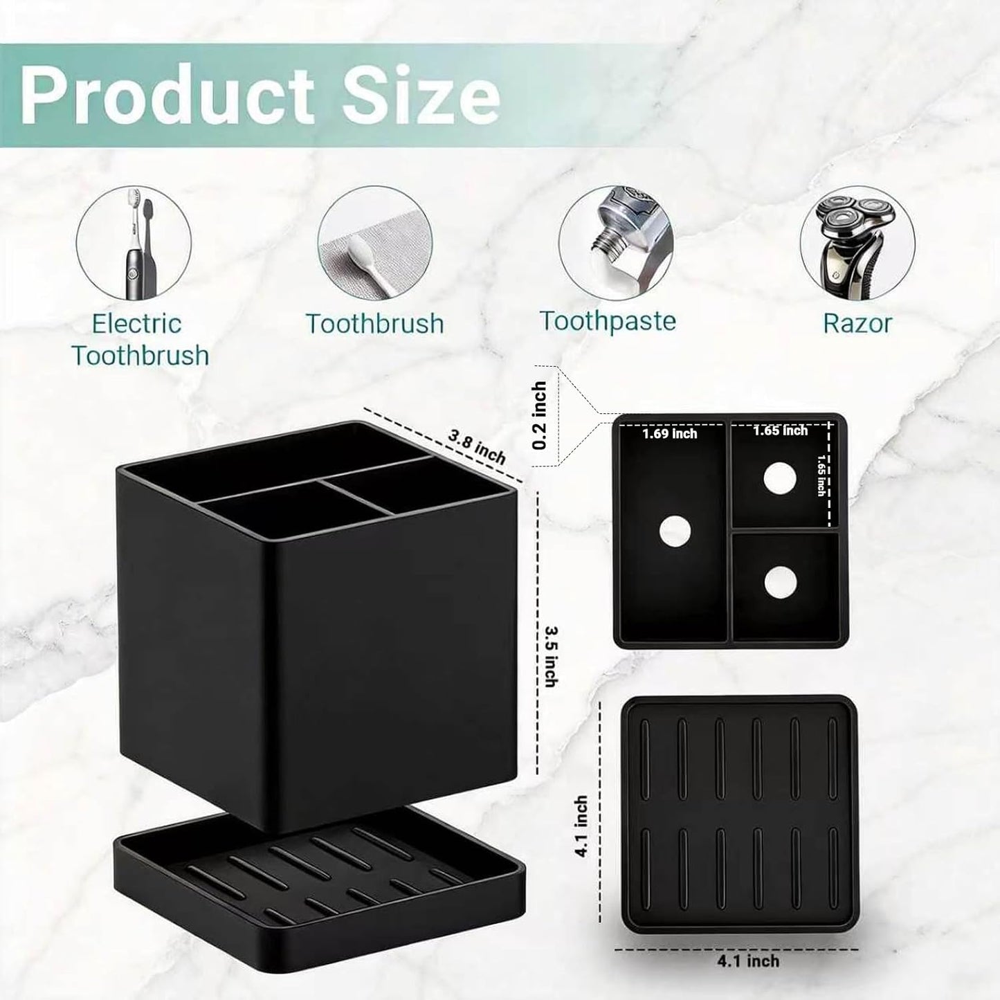 Silicone Toothbrush Holders for Bathrooms with Drainage Tray, White Marble | 3 Slots Unbreakable Countertop Electric Tooth Brush and Toothpaste Holder Organizer Stand, Marble Bathroom Accessories Decor