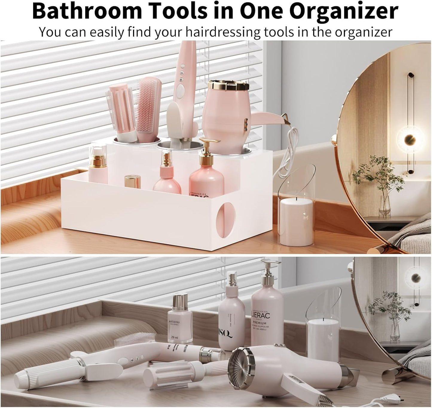 NIUBEE Acrylic Hair Tool Organizer,Hair Dryer Holder Countertop with 3 Cups | Clear, Hot Tools Organizer, Hair Blow Dryer Organizer for Curling Iron, Brush, Straightener, Makeup,Skincare,Vanity, Bathroom