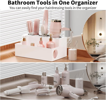 NIUBEE Acrylic Hair Tool Organizer,Hair Dryer Holder Countertop with 3 Cups | Clear, Hot Tools Organizer, Hair Blow Dryer Organizer for Curling Iron, Brush, Straightener, Makeup,Skincare,Vanity, Bathroom