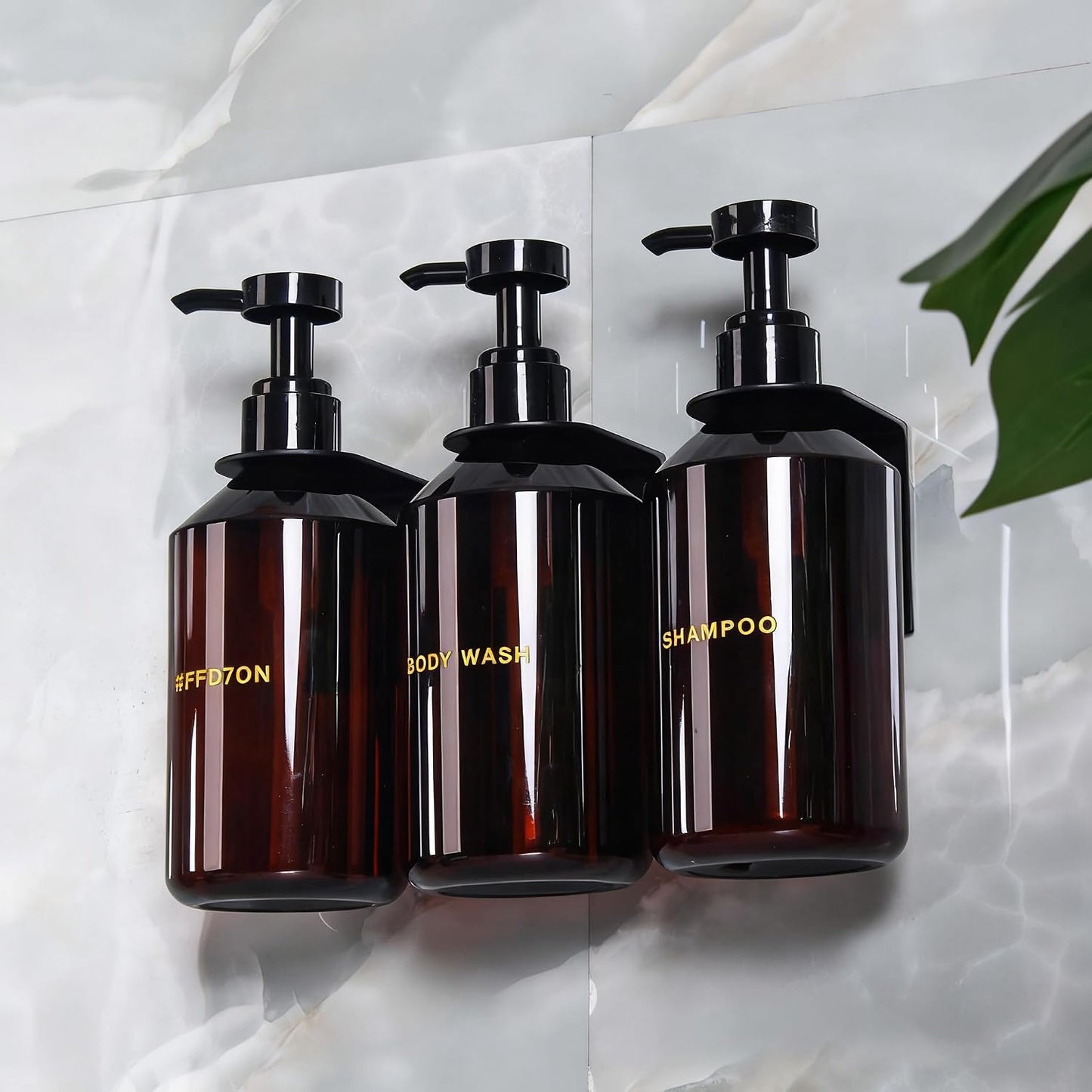 Wall Mounted Shampoo Dispenser for Shower, 3 Chamber 16.9 fl oz Each, 4CC Pump Soap Dispenser for Bathroom, Glossy Black Shampoo and Conditioner Dispenser with Crystal Labels (Brown)