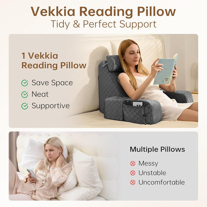 Vekkia 19'' Reading Pillow for Adults with XL Side Pockets, Adjustable Arms | 45° Back Support Chair for Sitting in Bed, Washable Cover, Perfect for Gaming, Watching TV, Relaxing, or Recovery, Gift Idea