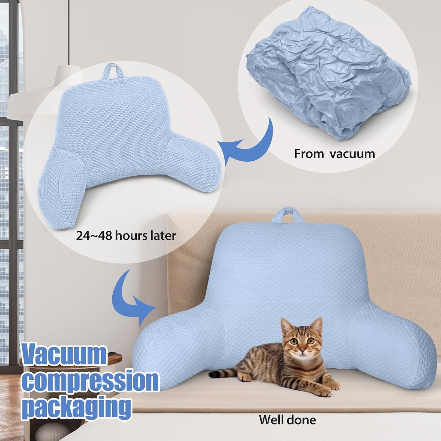 Reading Pillow, Ice Silk Bean Back Pillow for Bed Sitting Up, Adult Back-Rest Support Cushion with Arms for Sit Up on Couch, Sofa, and Floor, Dorm Essentials, Reading Accessories, Blue