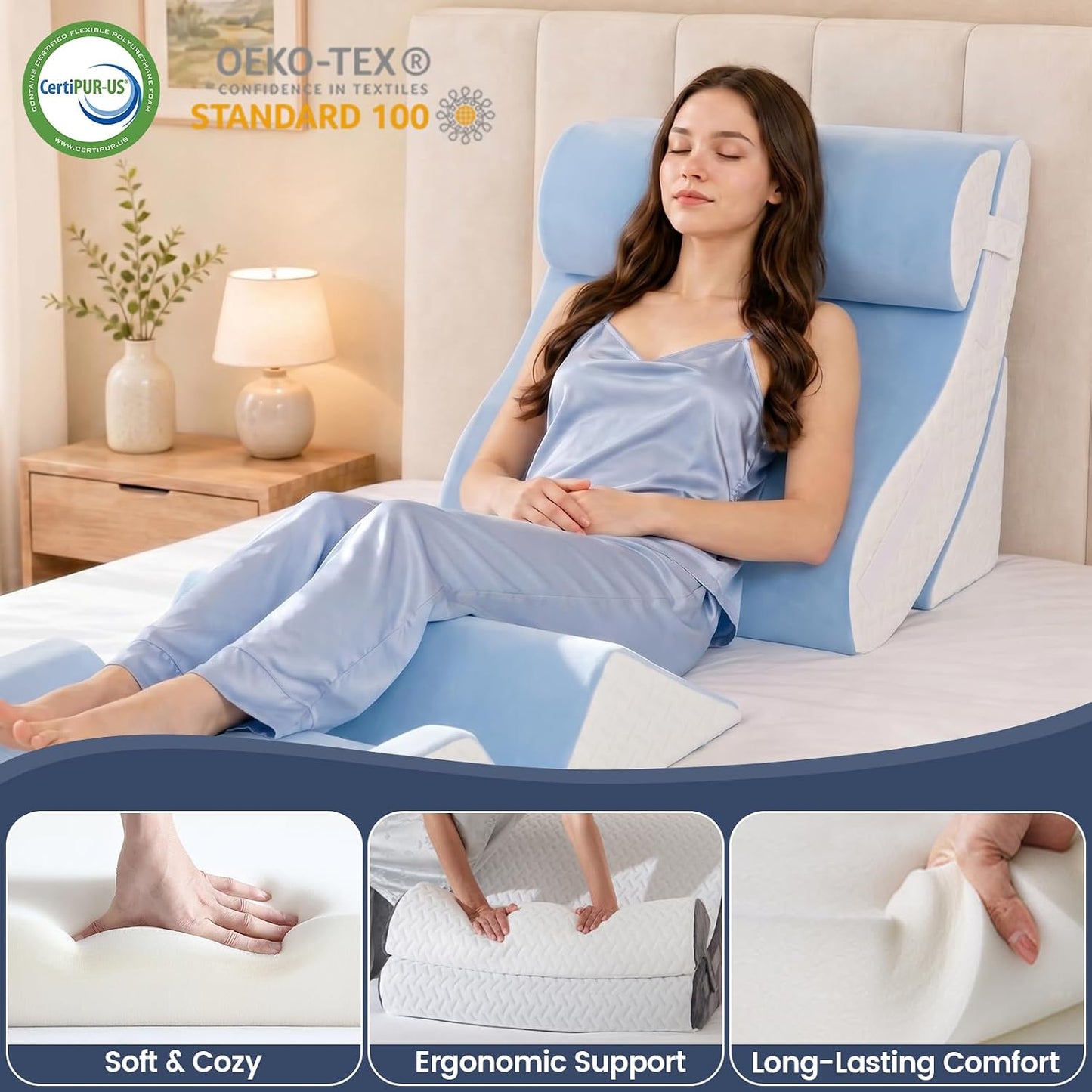 5PCS Wedge Pillow Set for After Surgery, Adjustable Orthopedic Foam Bed Wedge Pillow for Acid Reflux, GERD & Heartburn Relief, Back & Leg Elevation Support for Sleeping & Sitting Up, White Grey