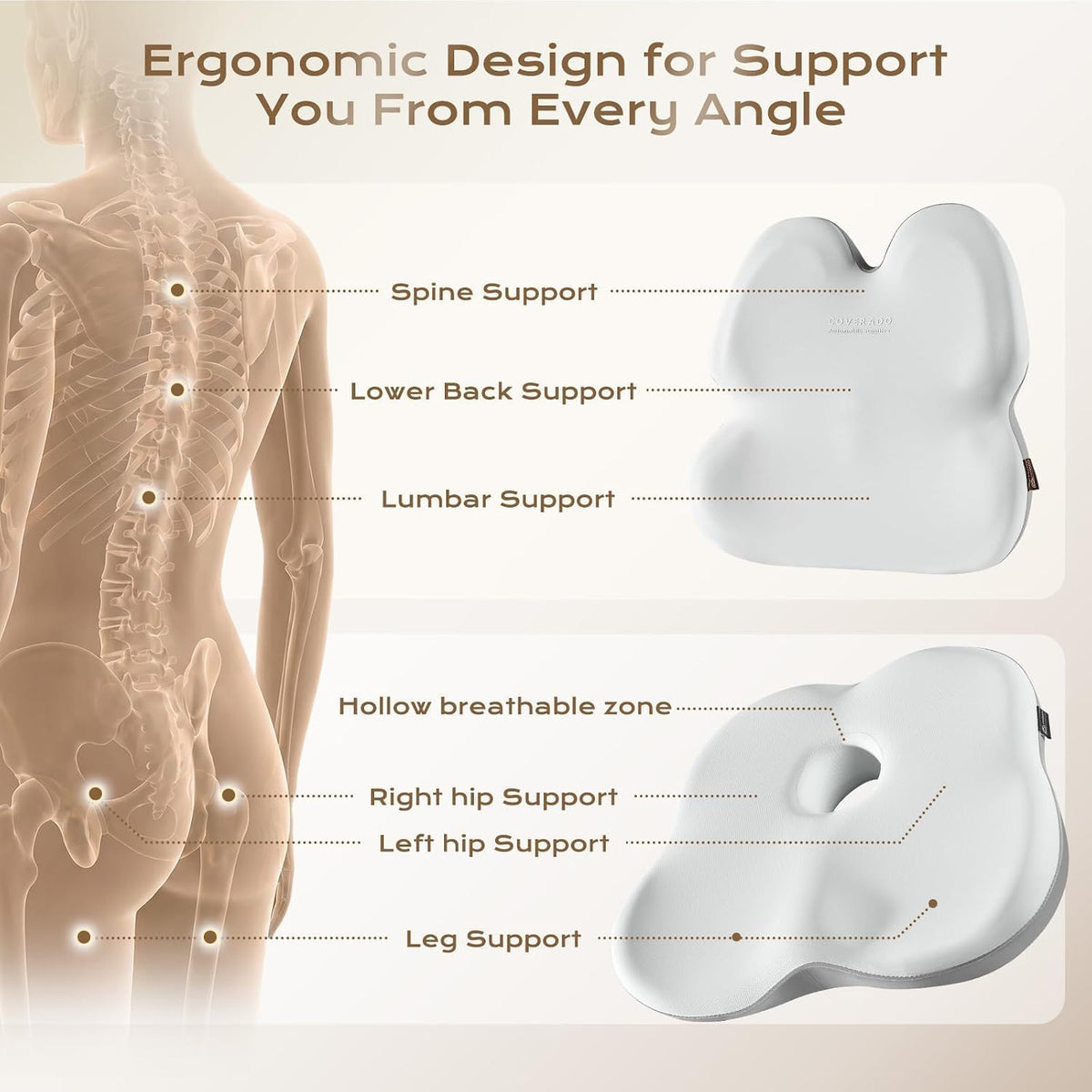 Coverado Lumbar Support Pillow and Seat Cushions for Office Chairs, Memory Foam Orthopedic Coccyx Cushion for Tailbone Pain Cushion Pillow & Back Pain Pressure Relief Seat Cushion Coffee&Beige