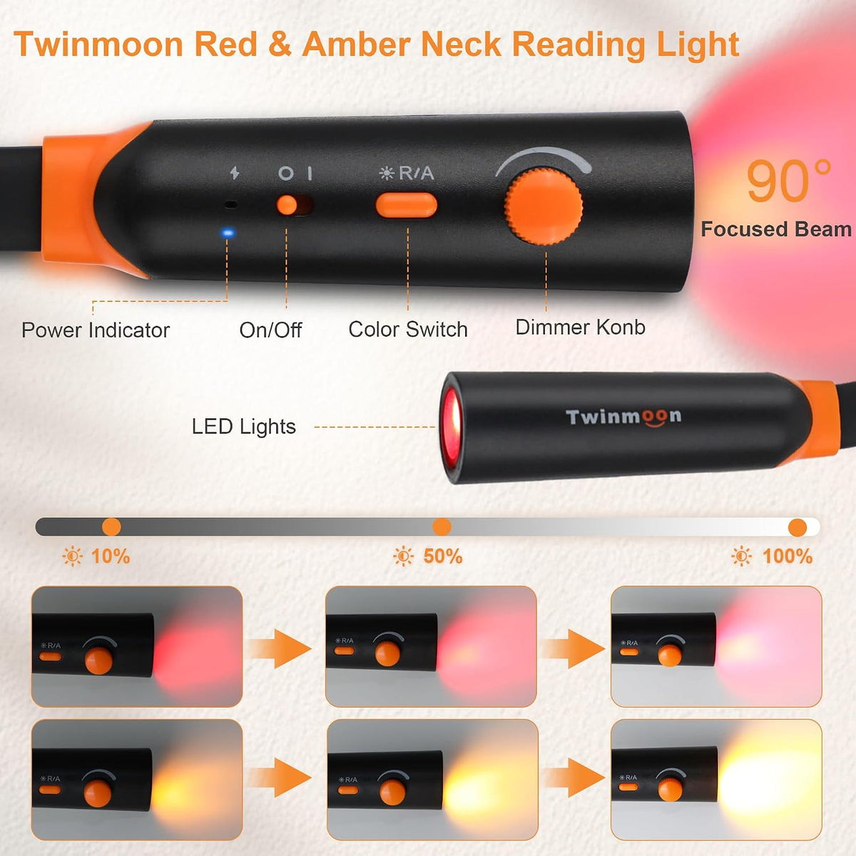 Red Amber Neck Reading Light, Rechargeable Night Book Light