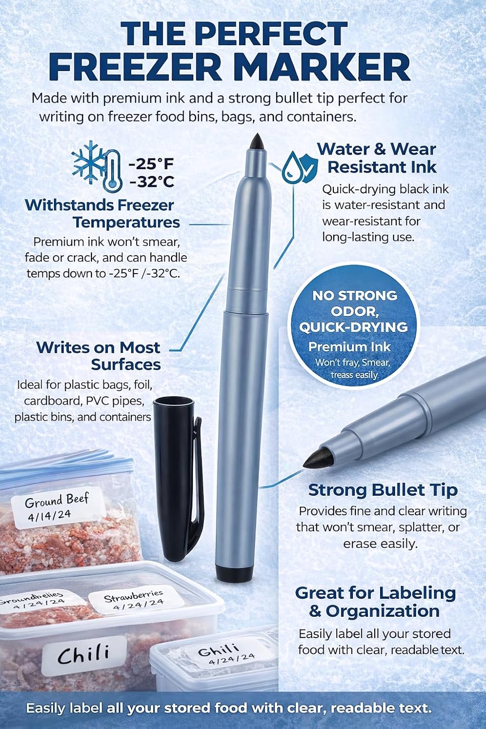 Cadie Permanent Freezer Marker Set of 2 – Waterproof Fast-Drying Black Ink Pens with Chisel Tip for Food Labeling, Fridge & Freezer Storage, Kitchen & Lab Use & General Organization.
