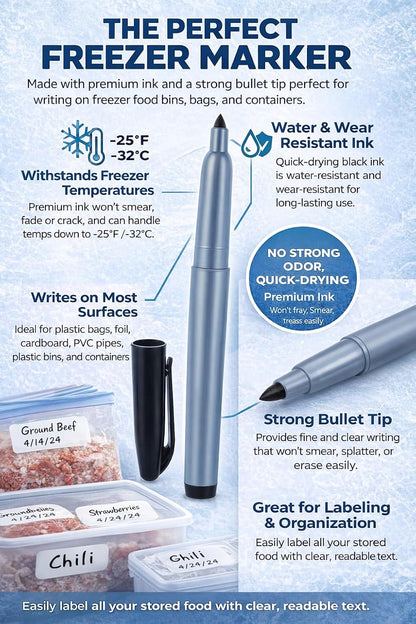 Cadie Permanent Freezer Marker Set of 2 – Waterproof Fast-Drying Black Ink Pens with Chisel Tip for Food Labeling, Fridge & Freezer Storage, Kitchen & Lab Use & General Organization.