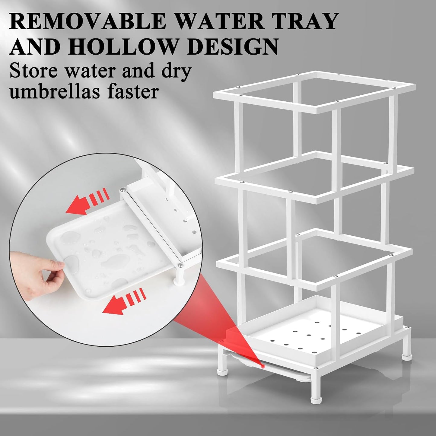 Alyoen Umbrella Holder for Entryway, Metal Umbrella Stand with Water Tray and Cane Holder, Adjustable Feet, 10.4 x 8.4 x 18.7 in, Suitable for Home, Office, and Shopping Mall (Black)