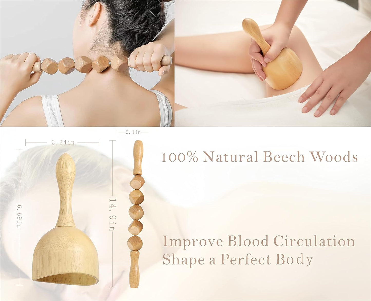 Wood Therapy Massage Tools Maderoterapia Kit Body Sculpting Tools for Lymphatic Drainage and Anti-Cellulite .Wood Massager Roller Rpoe for Back and Muscle Pain Relief (Medium)