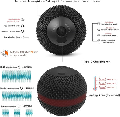 Heating Vibrating Massage Ball with 7 Modes & Memory Function for Myofascial Release, Deep Tissue and Trigger Point Muscle Therapy - Targets Back, Hip, Leg, Neck & Foot (Black)