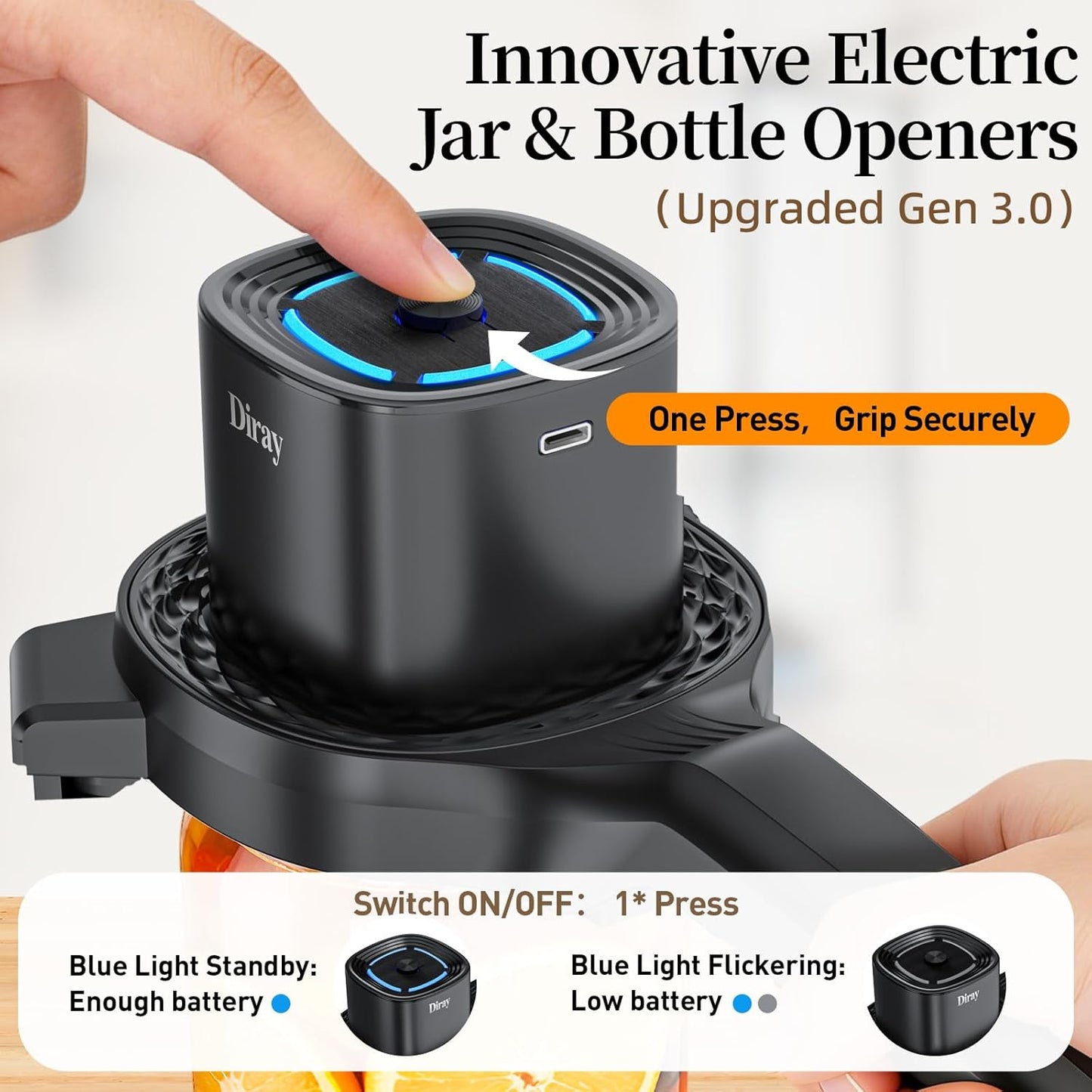 Diray 2-in-1 Electric Jar & Bottle Opener, Power-Clamp Auto Lock & Manual Twist, Smooth Mechanical Feel, Durable Tool for Arthritis Sufferers & Elderly, Free Anti-Slip Gripper Pad