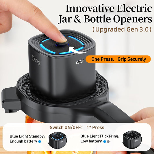 Diray 2-in-1 Electric Jar & Bottle Opener, Power-Clamp Auto Lock & Manual Twist, Smooth Mechanical Feel, Durable Tool for Arthritis Sufferers & Elderly, Free Anti-Slip Gripper Pad