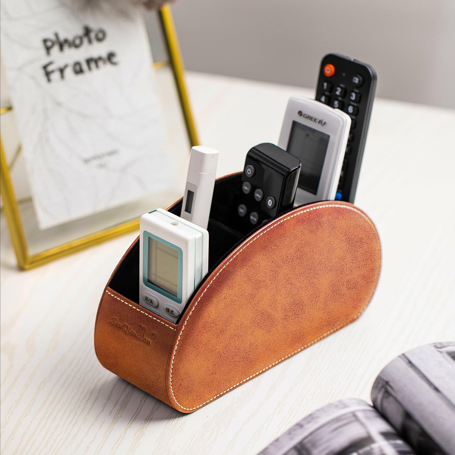 Remote Control Holders Organizer Box with 5 Compartment PU Leather Caddy | Multi-functional Office Desk Storage Caddy Store Tv Remote for Media Player,Brush,Pencil,Glassees&Office Supplies