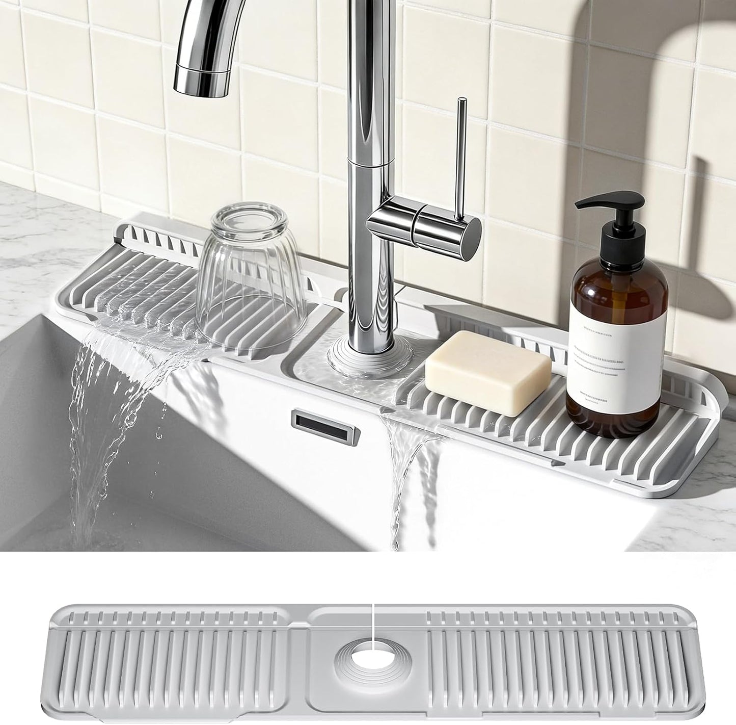 24 Inch Faucet Mat for Kitchen Sink, Silicone Splash Guard for Kitchen Sink Area, 7° Slope Fast Self-Draining Sink Mat, Cuttable Hole Design, Sink Backsplash Guard Draining Mat, Grey