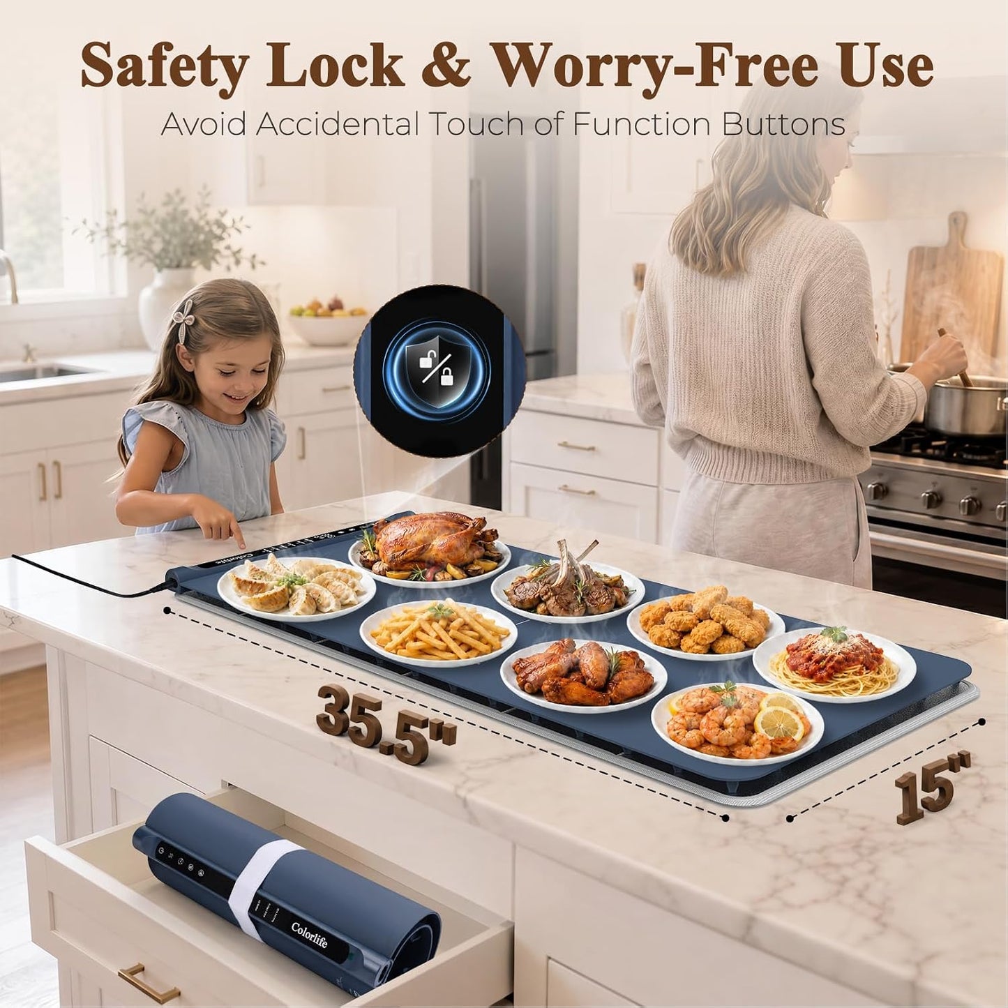Warming Mat for Food, Electric Warming Tray with Heat-Resistant Pad-L Grey | Colorlife 6 Preset Modes, 7 Temps, 6H Timer, Child Lock, Auto-Memory, Rollable Silicone Food Warmer for Buffet, Parties