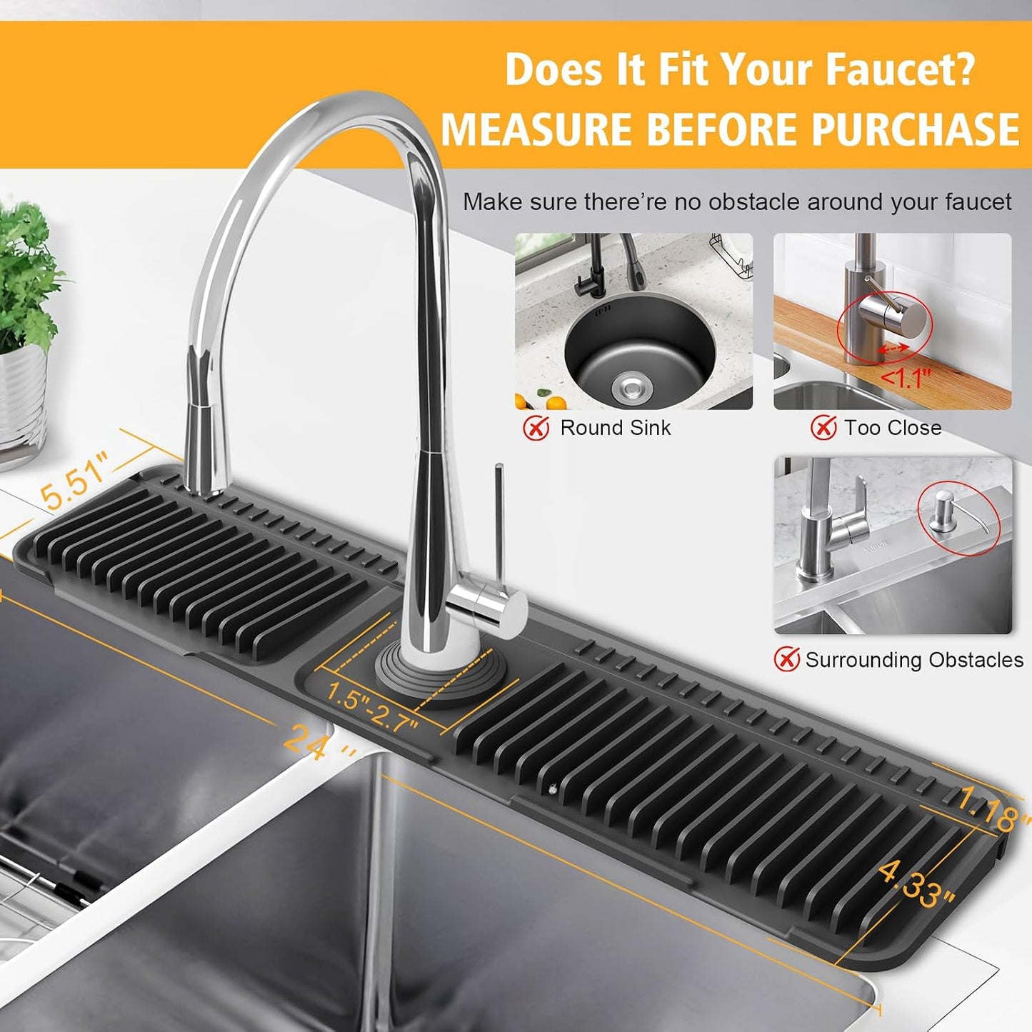 17.7-Inch Kitchen Sink Splash Guard Mat | 7° Slope for Fast Self-Draining | Snap-Lock Design | Universal & Cuttable Silicone Faucet Mat Gray