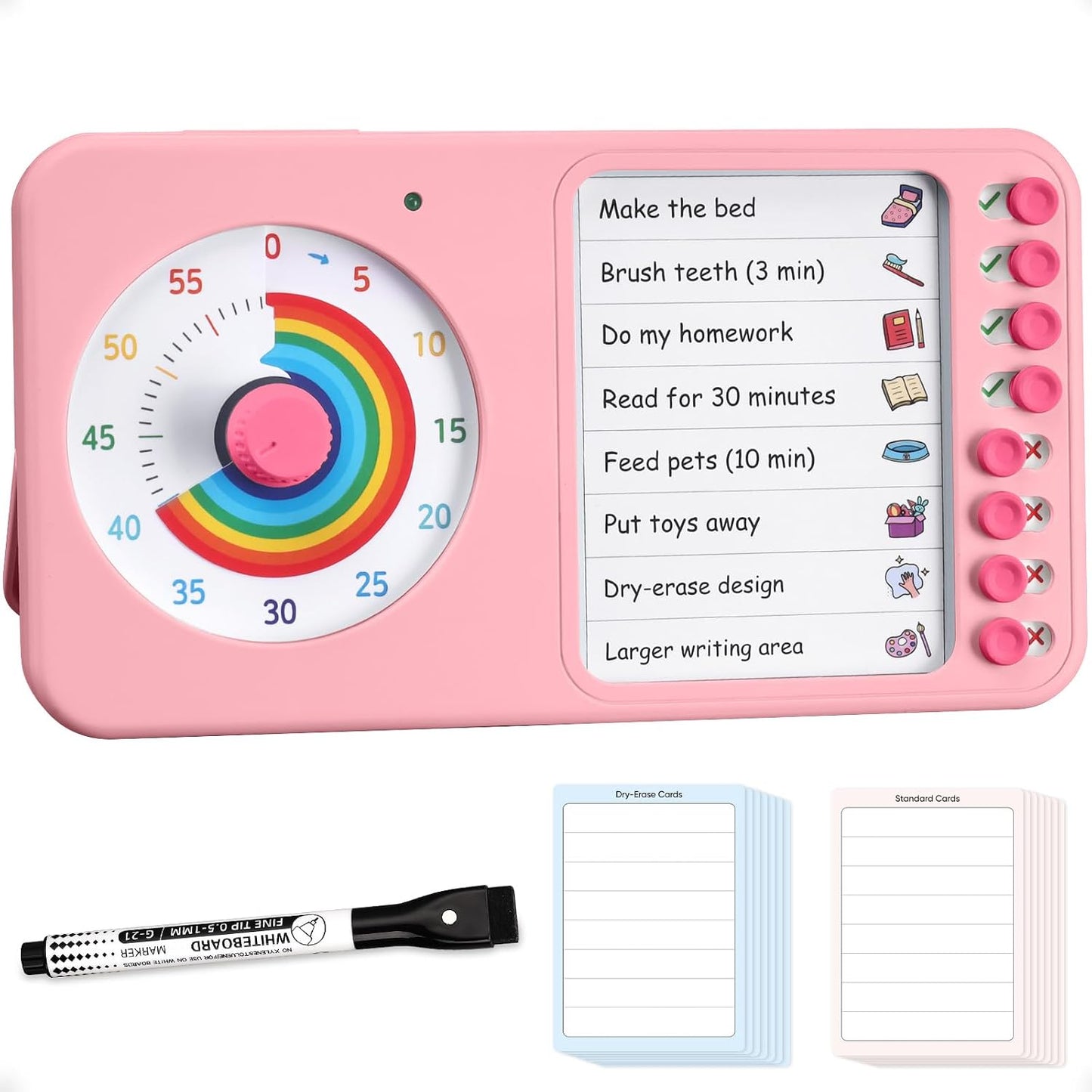 2-in-1 Visual Timer ADHD with Task Board, to-Do List, Checklist | Dry Erase Chore Chart and Visual Schedule for Kids ADHD, Rainbow Countdown Timer for Classroom, Home, Homeschool (White)