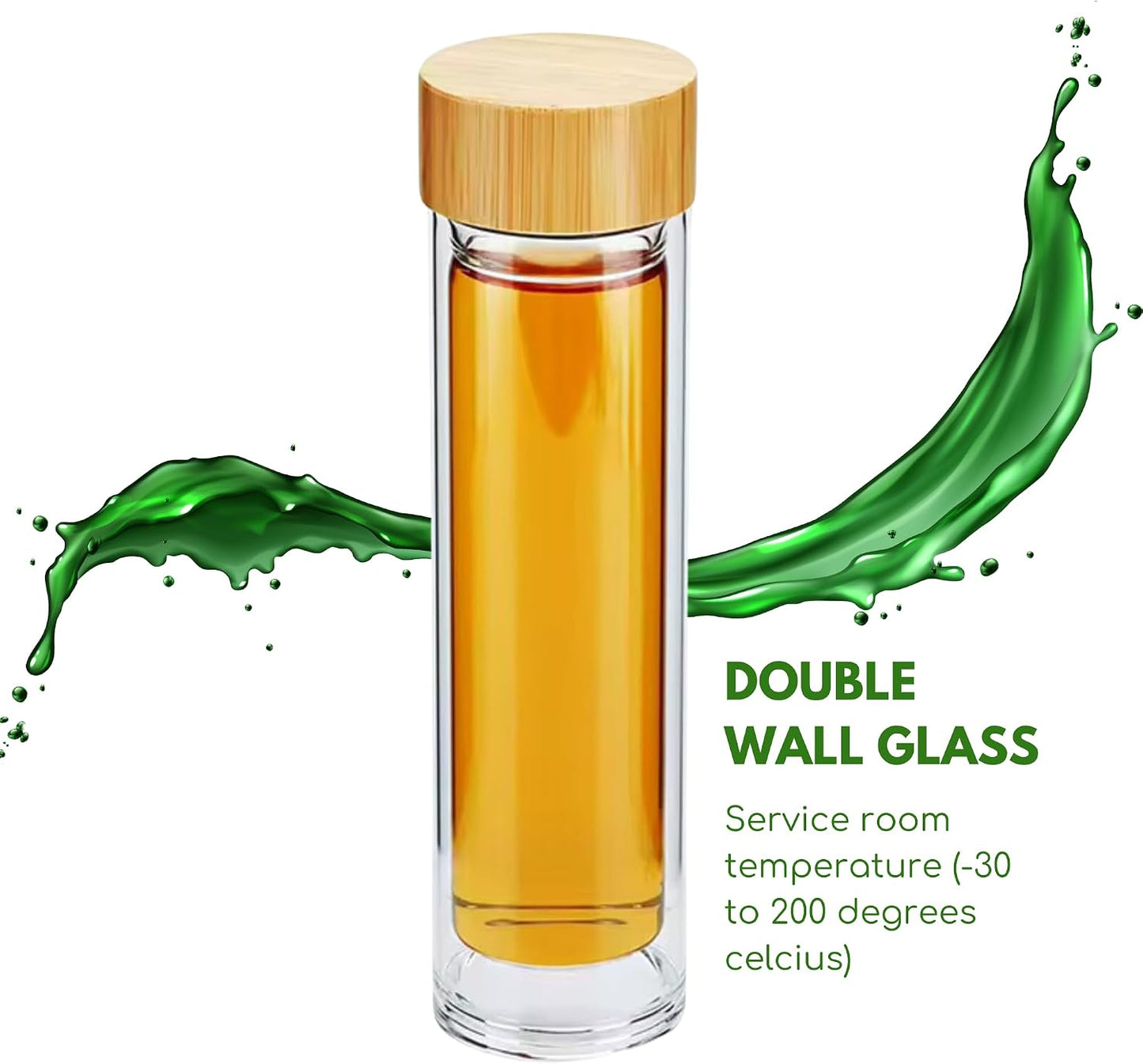 15oz Double Wall Glass Water Bottle with Bamboo Lid and Tea Infuser – Insulated, Leak-Proof, and Eco-Friendly Travel Tea Mug with Filter for Hot or Cold Beverages | Built-In Filter, Leak-Proof Double-Wall Glass, Loose-Leaf Tea, Fruit-Infused Water,