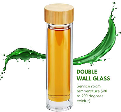 15oz Double Wall Glass Water Bottle with Bamboo Lid and Tea Infuser – Insulated, Leak-Proof, and Eco-Friendly Travel Tea Mug with Filter for Hot or Cold Beverages | Built-In Filter, Leak-Proof Double-Wall Glass, Loose-Leaf Tea, Fruit-Infused Water,
