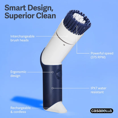 Casabella Power Spin Scrubber, Extendable to 47.5” – Cordless Electric Cleaner for Shower, Kitchen, Bathroom, Tile, Tub, Car, Deck - Rechargeable Spin Brush with Adjustable Brush Head & 4 Attachments