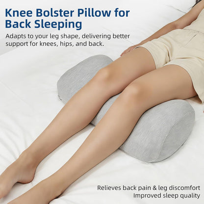 Ergonomic Knee Pillow for Back Sleeping - Memory Foam Bolster Pillow for Sleep Improvement, Knee Support, Leg Elevation, Back Pain Relief, with Softer Non-Irritating Washable Cover, Grey