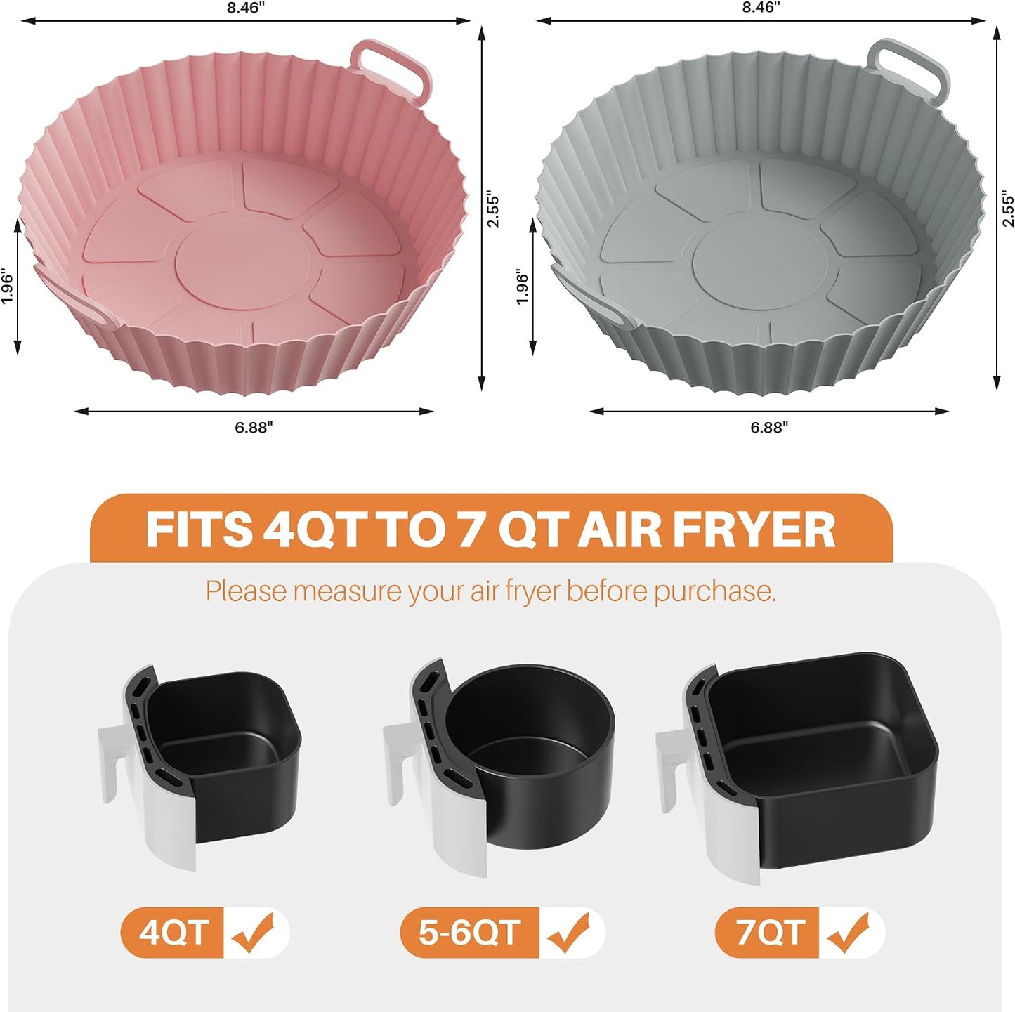 ME.FAN Air Fryer Silicone Liners for 4 to 7 QT [2 Pack] Reusable Air Fryer Basket with Handles & Holes Red